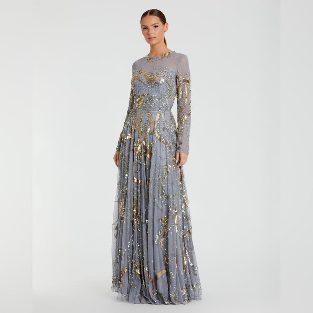 Mac Duggal Gray Silver Embellished Pleated Gown
